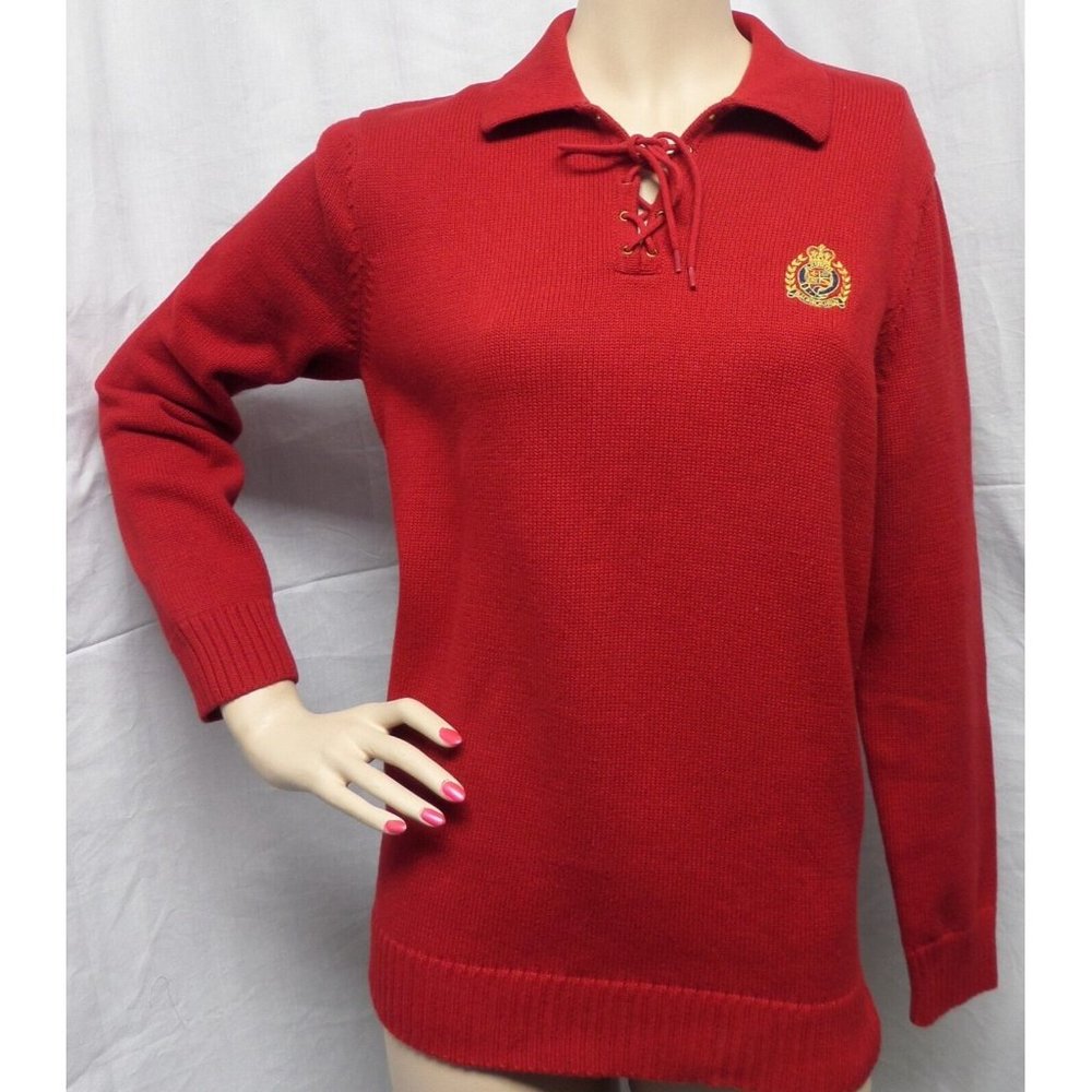 LAUREN RALPH LAUREN RED CABLE KNITTING V-COLLARED CAREER CASUAL SWEATER SIZE: M